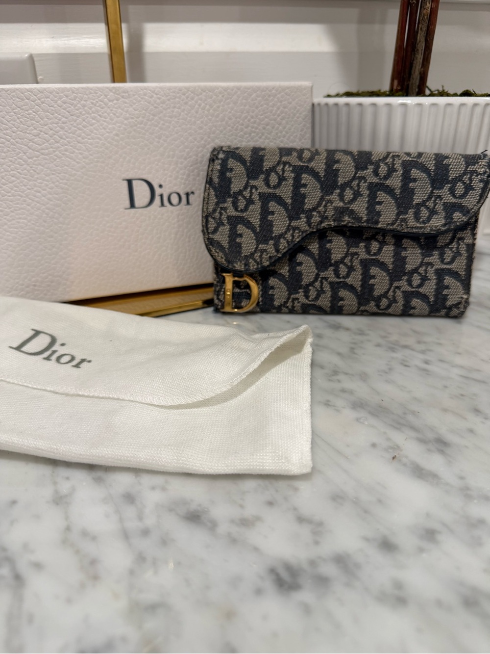 Dior Navy & Gray Oblique Canvas Card & Key Pouch with Gold 'D' Accent
